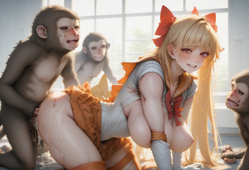 1girls 2d 3animal ai_generated animal_penis ape big_breasts bishoujo_senshi_sailor_moon blonde_hair blush bow breasts clothed_sex clothing cum doggy_style erect_nipples fucked_silly hair_ribbon huge_breasts human large_breasts long_hair magical_girl minako_aino monkey nanikasan17761 nipples red_eyes sailor_venus sex skirt stockings sweat thick_thighs thighs zoophilia