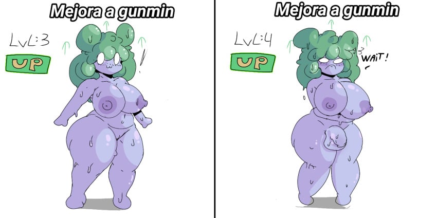 1futa 1girls :3 balls big_breasts big_penis blue_body breast_expansion breasts dialogue english_text evolution female flaccid futanari futanari_transformation gameplay_mechanics green_hair gunmin_(huesosdry) huesosdry huge_balls huge_breasts humanoid humanoid_penis level_up limp_penis nipples nude penis penis_growth self_upload slime slime_girl slime_penis smile solo spanish_text standing text thick_thighs wide_hips