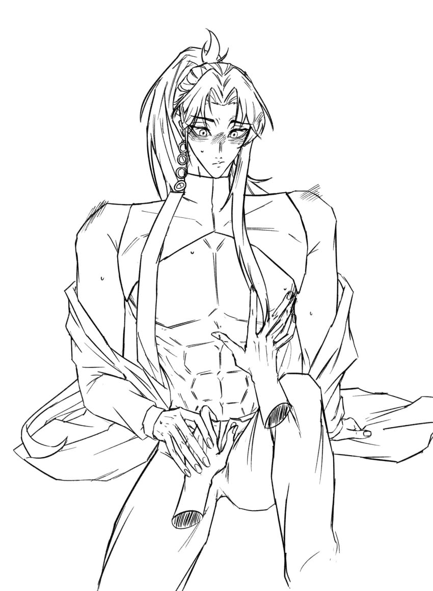 abs chest clothing disembodied_hand hand_on_chest hand_on_pants hand_on_pecs heartsteel_series heartsteel_yone jacket league_of_legends long_hair male male_focus male_only muscular muscular_male off_shoulder open_shirt pants pecs pectorals yone