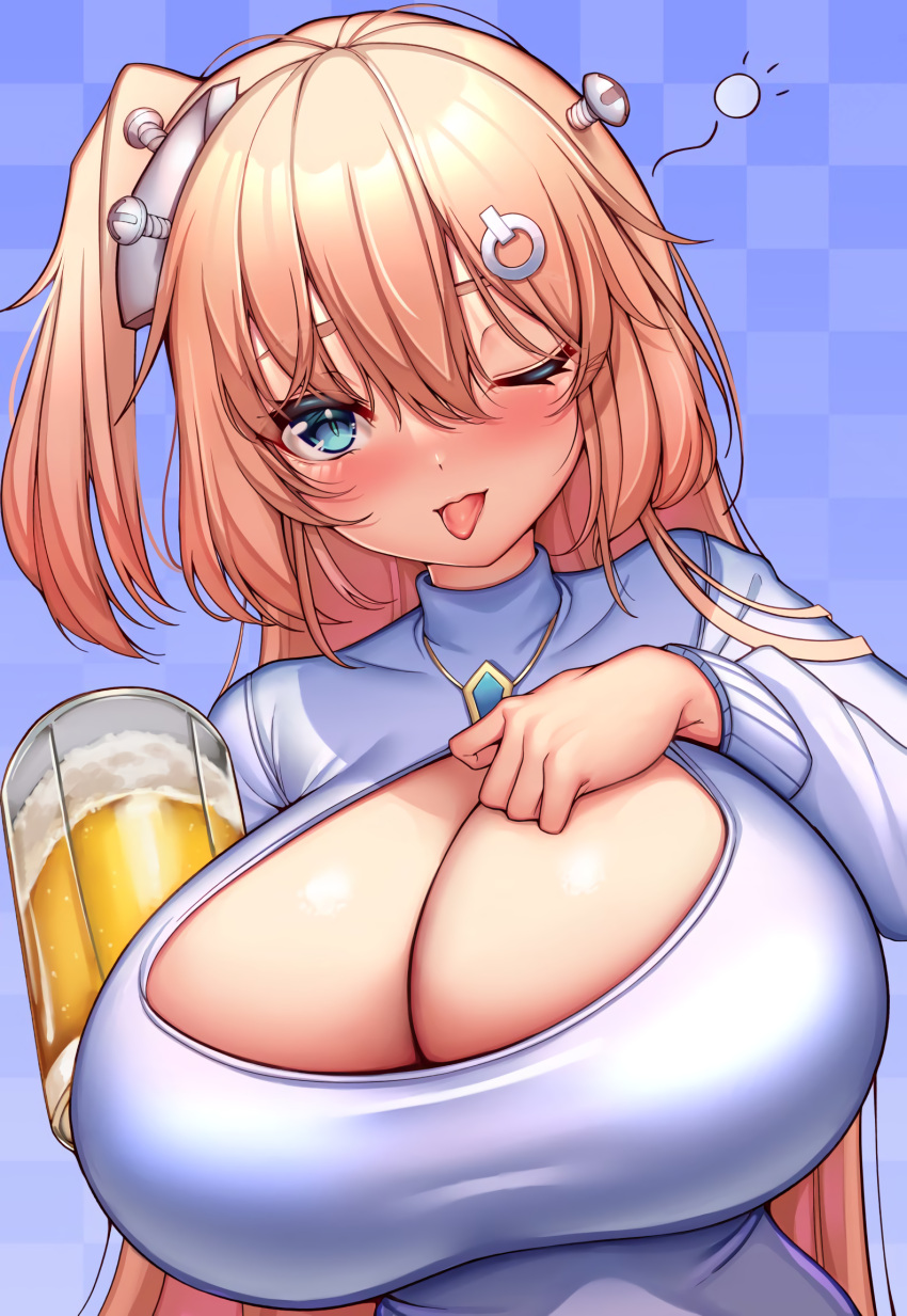 1girls beer big_breasts blonde_hair blue_eyes blush cleavage_cutout drunk female_focus hime_hajime huge_breasts kaptivate solo tagme virtual_youtuber vshojo