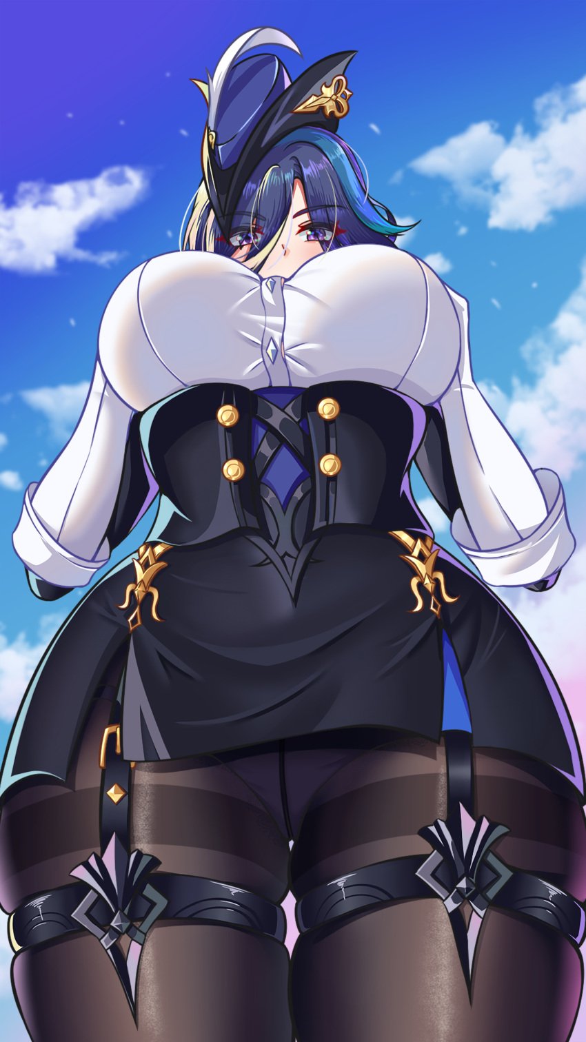 absurdres baixiaozhi black_pantyhose black_skirt blue_sky breasts clorinde_(genshin_impact) cloud commentary_request corset cowboy_shot day female from_below garter_straps genshin_impact gloves hat highres large_breasts microskirt miniskirt pantyhose pencil_skirt purple_eyes purple_hair shirt short_hair skindentation skirt sky solo solo_female standing thigh_strap thighs tricorne white_gloves white_shirt