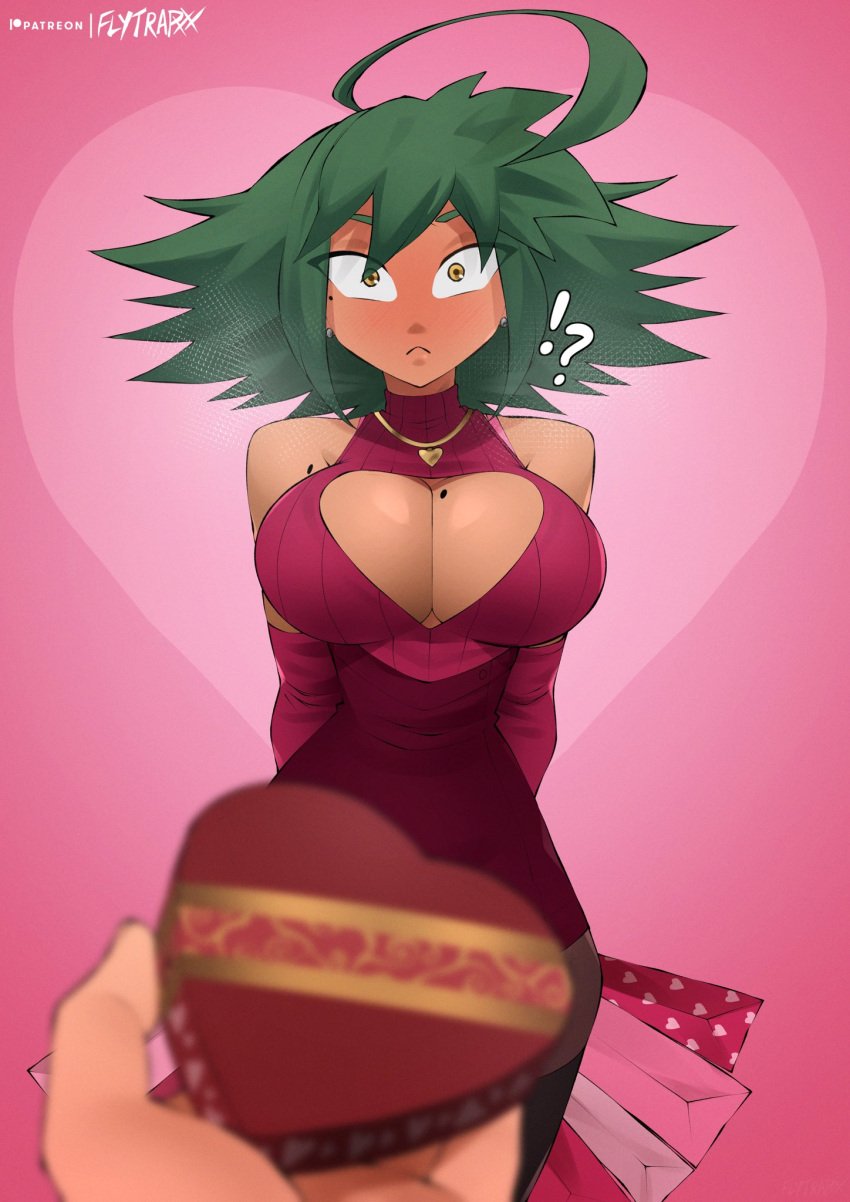 big_breasts blush clothing dark_skin female female_focus female_only flytrapxx gift green_hair large_breasts liz_(flytrapxx) long_hair looking_at_viewer original thick_thighs valentine's_day