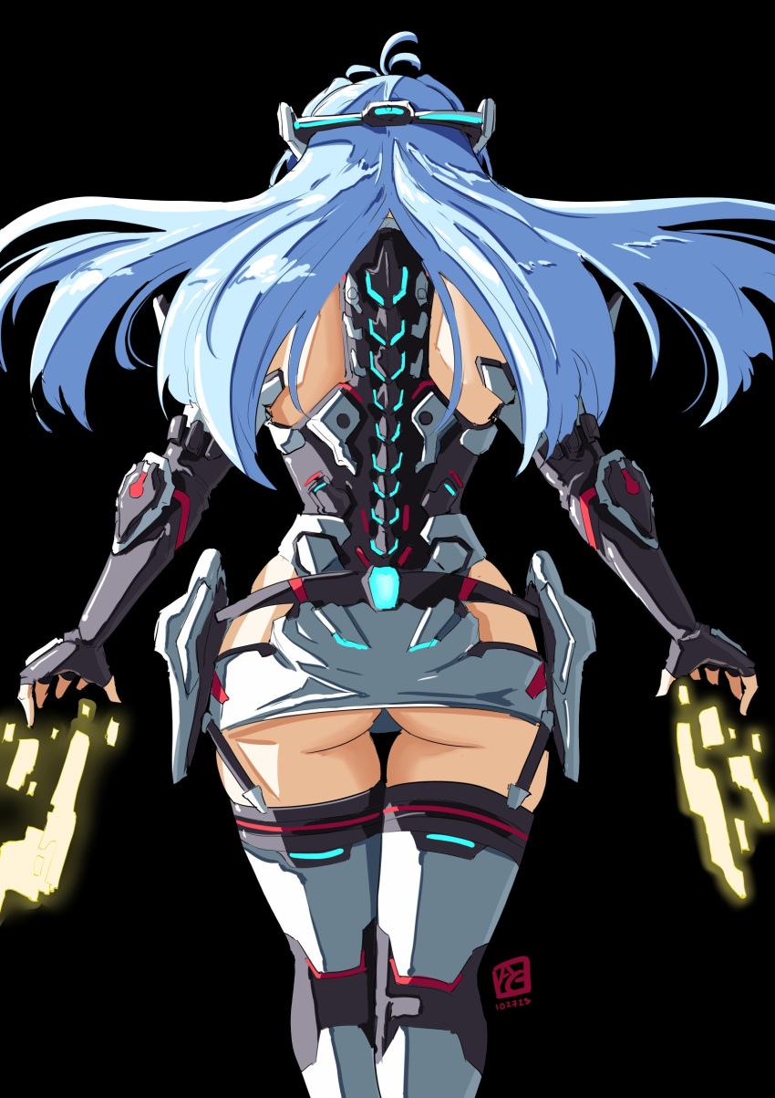 1girls absurd_res ass automatic_giraffe black_background bubble_ass bubble_butt butt_crack cyan_hair dat_ass female highres holding_object holding_weapon kos-mos kos-mos_re: large_ass long_hair robot robot_girl robot_humanoid simple_background solo solo_female thick_ass thick_thighs thighhighs thighs xenosaga