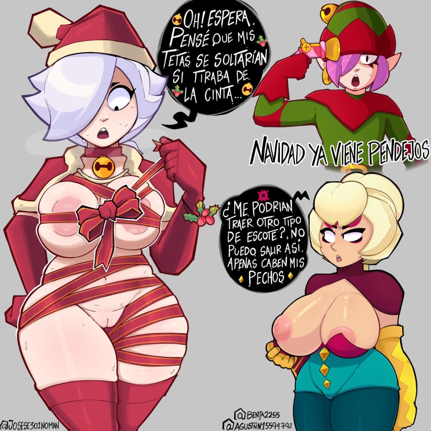 2023 3girls alternate_costume artist_name bell bell_collar big_breasts black_eyes blonde_hair brawl_stars charlie_(brawl_stars) christmas colette_(brawl_stars) collar costume elf elf_ears eyelashes eyeliner gift_wrapped gun huge_breasts mistletoe nervous penny_(brawl_stars) pink_nipples purple_hair shaved_pussy simple_background spanish spanish_dialogue spanish_text sweat sweatdrop sweating sweaty threatening_with_weapon tied_up wardrobe_malfunction white_hair wide_hips wrapped zelsxnn