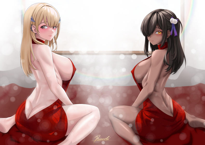 2girls absurd_res artist_signature ass ass_cleavage back back_view bangs bare_shoulders big_breasts black_hair blonde_hair blush breasts brown_eyes closed_mouth dark-skinned_female dress ear_piercing female female_only goddess_of_victory:_nikke hair_covering_eye hair_ornament hair_ribbon huge_breasts light-skinned_female long_hair looking_at_viewer looking_back mole mole_under_eye naga_(nikke) nipples_visible_through_clothing orange_eyes rainbow ramiki red_dress side_ponytail sideboob sidelocks sitting thighs tia_(nikke)