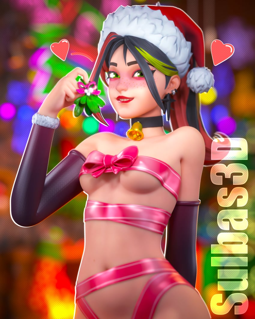 1girls bell bell_collar belly belly_button blurry_background blush blush_lines blushing blushing_at_viewer choker christmas ear_piercing earrings female female_focus female_only fortnite gift green_eyes heart helsie_(fortnite) lip_biting lipstick looking_at_viewer makeup mistletoe nude_female presenting red_lipstick ribbon santa_hat sulbas3d watermark winterfest