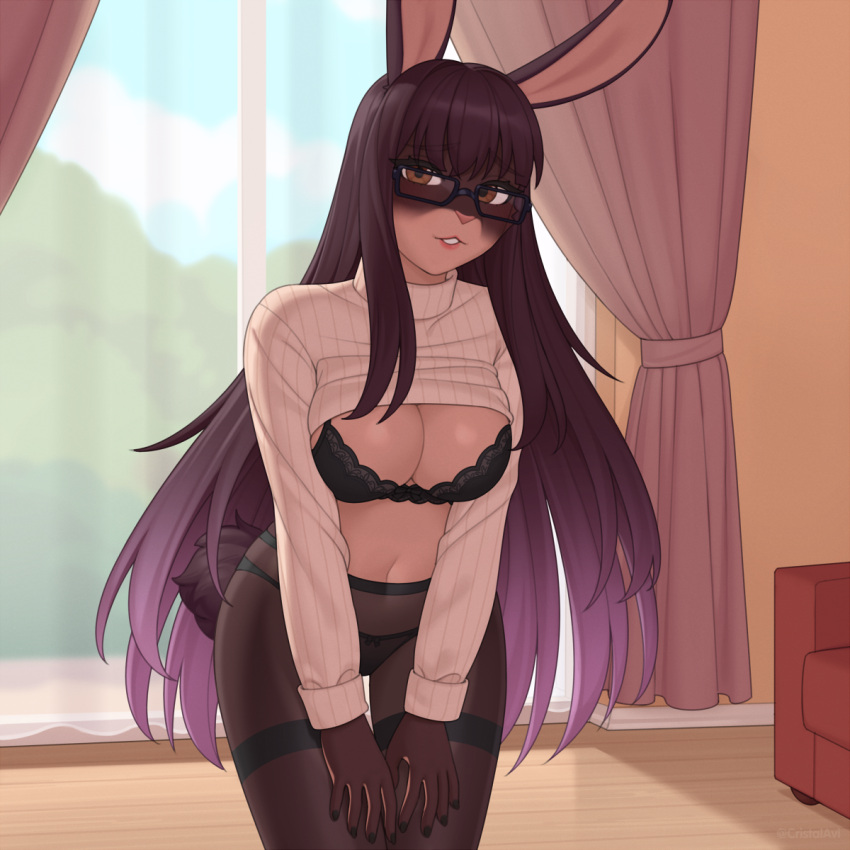 1girls anthro black_bra black_nails black_panties bra breasts brown_eyes cleavage cristalavi female furry glasses gradient gradient_hair indoors large_breasts long_hair nail_polish navel original panties pantyhose purple_hair rabbit solo standing sweater sweater_lift thigh_gap thighband_pantyhose toned turtleneck underwear very_long_hair