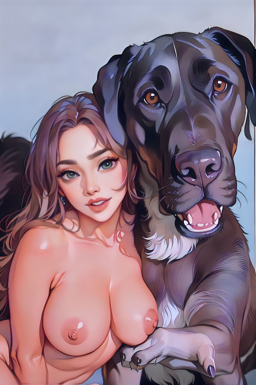 ai_generated ai_reworked anime_style anime_version bestiality canine dark_hair green_eyes imminent_sex imminent_zoophilia large_breasts large_dog mina_rea original_character size_difference zoophilia