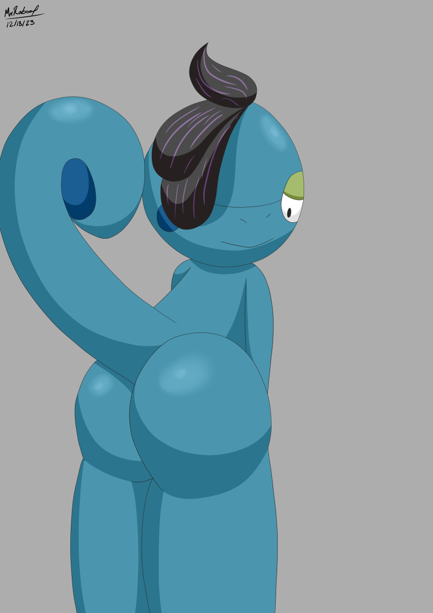 2023 absurd_res anthro ass bent_over black_hair blue_body cliff_the_drizzile_(mrraboot) dated digital_drawing_(artwork) digital_media_(artwork) drizzile generation_8_pokemon hair hi_res highlights_(coloring) lizard looking_at_viewer looking_back looking_back_at_viewer looking_pleasured male mrraboot nintendo pokemon pokemon_(species) purple_highlights reptile scalie signature solo tail