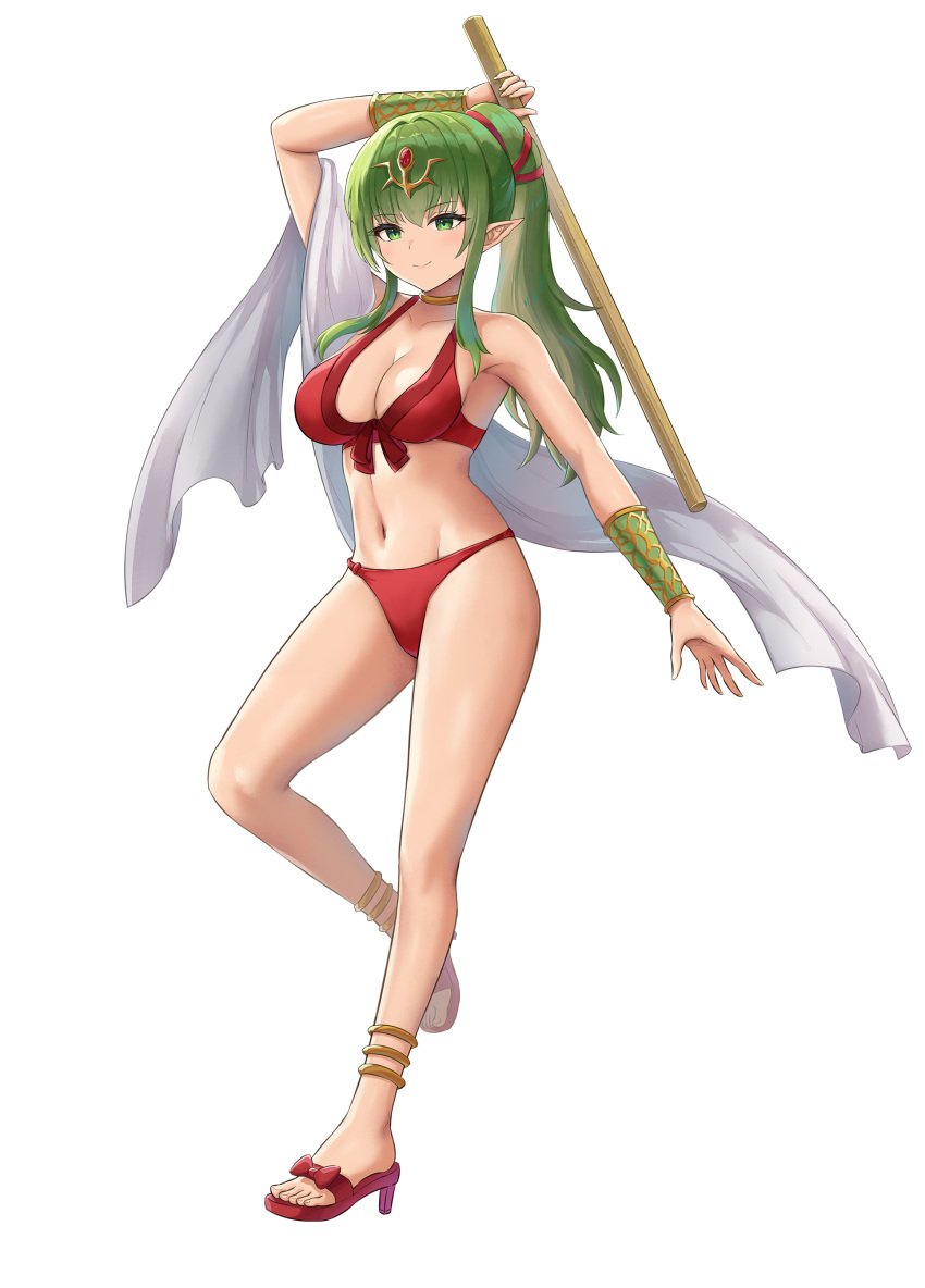 1girls alternate_costume armpits bare_arms bare_legs bare_midriff bikini breasts cleavage female female_only fire_emblem fire_emblem_awakening fire_emblem_heroes full_body green_eyes green_hair high_heels large_breasts legs long_hair midriff nintendo official_alternate_costume pointy_ears ponytail red_bikini red_footwear red_swimsuit sandals sauvignon smile solo stick swimsuit tiki_(adult)_(fire_emblem) tiki_(adult)_(summer)_(fire_emblem) tiki_(fire_emblem) white_background