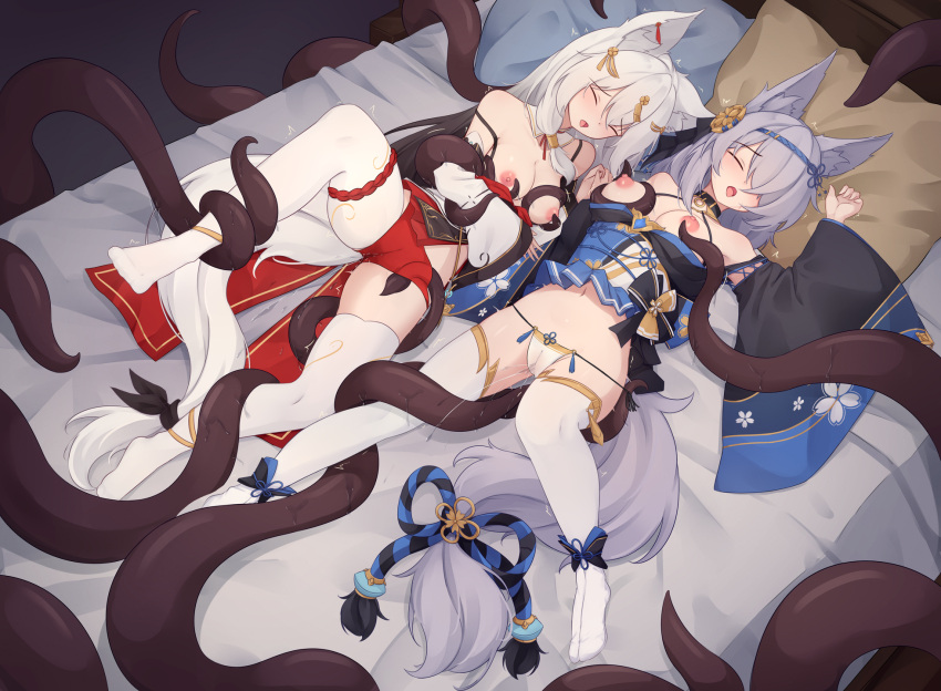 2girls animal_ear_fluff animal_ears black_sleeves blue_dress breasts closed_eyes commentary commission detached_sleeves dress english_commentary female_ejaculation female_ejaculation_through_clothes fox_ears fox_girl grey_hair highres large_breasts long_hair lying multiple_girls nipples no_shoes on_back on_bed open_mouth original panties pillow red_dress sleep_molestation tentacle thighhighs trimbil underwear variant_set white_panties white_sleeves white_thighhighs