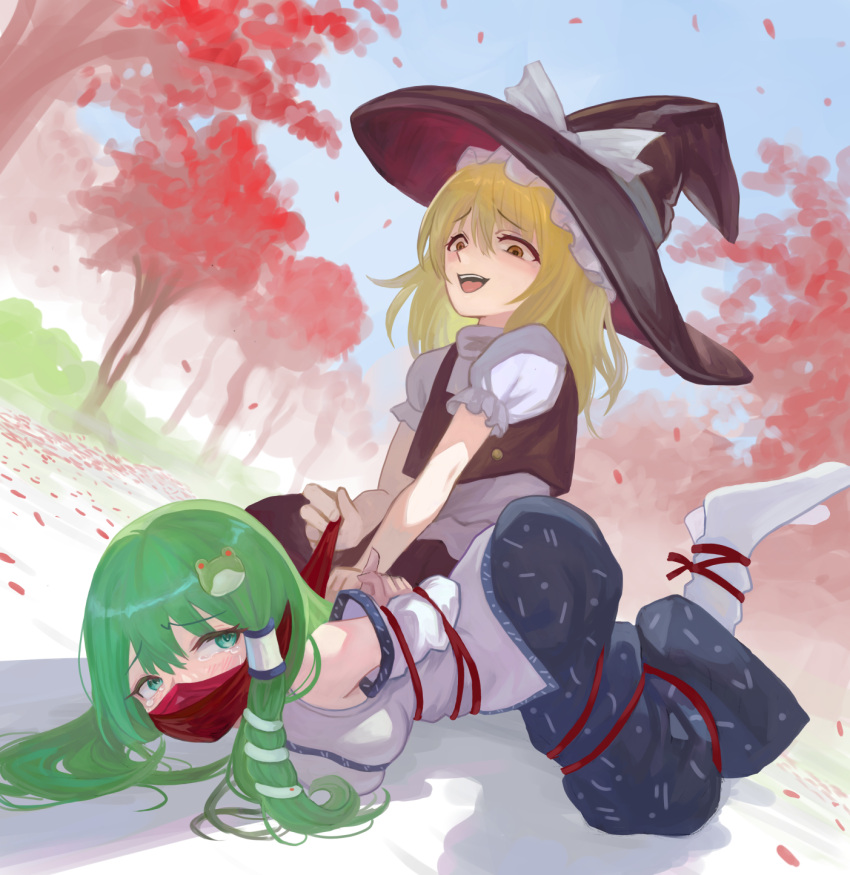 bondage crying damsel_in_distress defeated gag gagged marisa_kirisame over_the_nose_gag raftetram sanae_kochiya scared tearing_up touhou