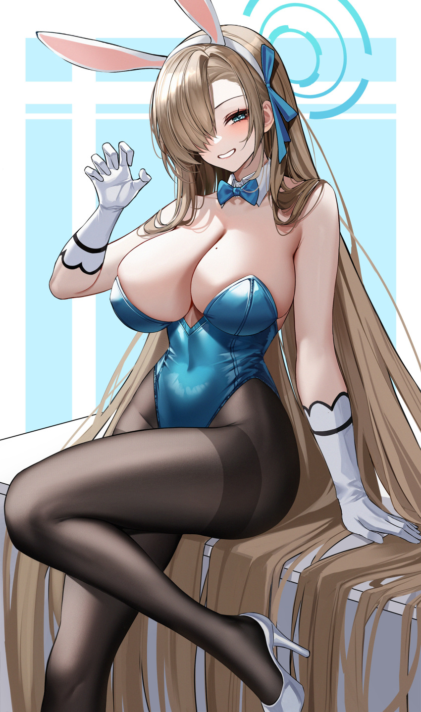 1girls animal_ears aqua_eyes asuna_(blue_archive) asuna_(bunny)_(blue_archive) bare_shoulders black_pantyhose blonde_hair blue_archive blue_bow blue_bowtie blush bow bowtie breasts bunnysuit cleavage detached_collar elbow_gloves eternity_(shadeh) female gloves hair_ornament hair_over_one_eye hairband half-closed_eyes high_heels highres large_breasts leotard long_hair looking_at_viewer mole mole_on_breast official_alternate_costume pantyhose parted_lips playboy_bunny smile solo thighband_pantyhose thighs very_long_hair white_footwear white_gloves white_hairband