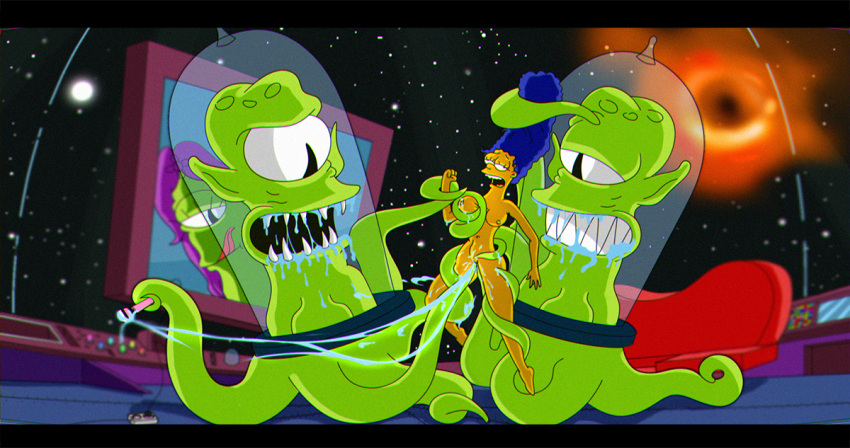 1_eye alien blue_hair bodily_fluids breast_grab breasts drooling fangs female genital_fluids genitals green_body green_skin group hair hand_on_breast human human_focus kang_(simpsons) kodos mammal marge_simpson nickwood nipples pussy pussy_juice saliva the_simpsons vaginal_penetration yellow_body yellow_skin