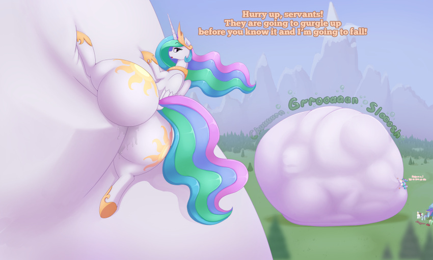 2021 alicorn ambiguous_gender ass augustbebel belly big_belly cutie_mark dialogue digital_media_(artwork) english_text equid eyebrows eyelashes female feral friendship_is_magic group hasbro hi_res horn hyper hyper_belly larger_prey mammal mountain multicolored_tail my_little_pony outside princess_celestia_(mlp) smaller_pred text vore wings