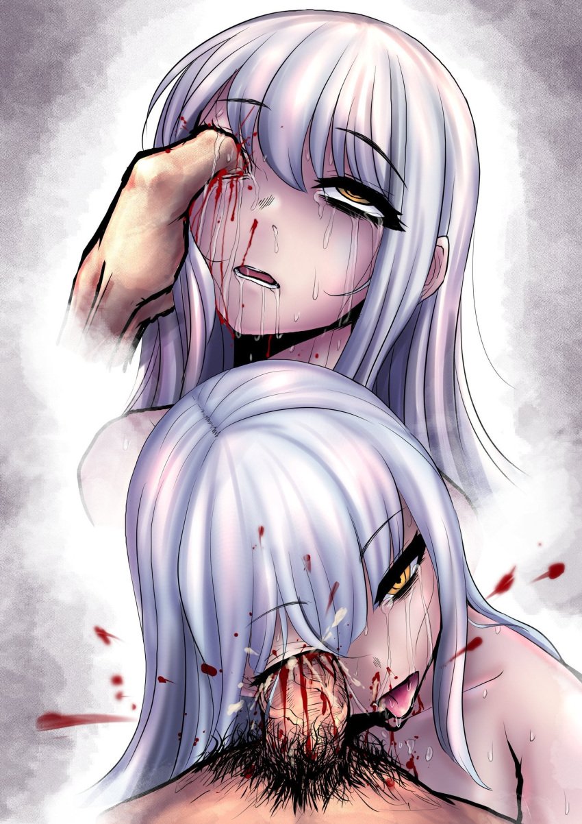 1boy 1girls blood color crying crying_with_eyes_open cum cum_in_eye cum_inside death drooling duo duplicate erection eye_fucking eye_penetration female female_death female_focus female_penetrated femsub gore grey_hair guro highres long_hair male male_pubic_hair nazo_no_diaboro original penis pubic_hair ryona saliva skull_fucking snuff straight tears tongue tongue_out upper_body yellow_eyes