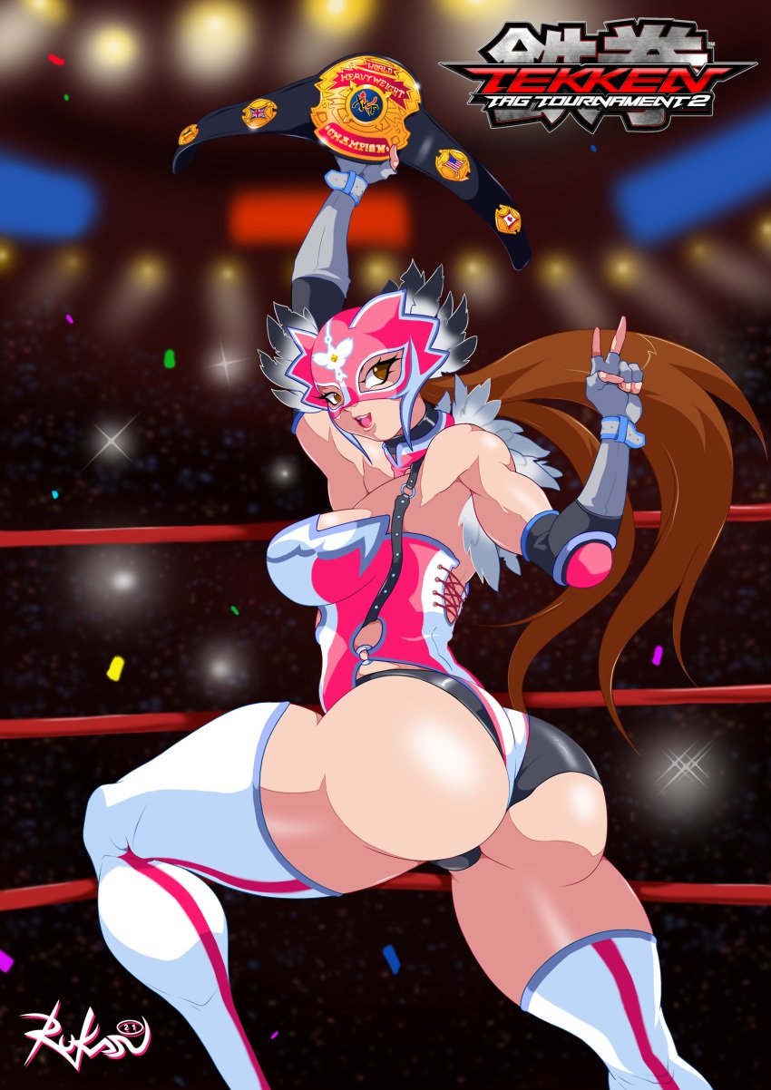 ass belt big_ass black_panties brown_eyes brown_hair bubble_butt championship_belt clothed clothed_female dat_ass feathers jaycee jaycee_(tekken) julia_chang legs long_hair luchador mask namco panties pose posing rukasu tekken tekken_tag_tournament_2 thick_thighs thighs twintails v v_sign victory_sign wrestler wrestling wrestling_outfit wrestling_ring xwf