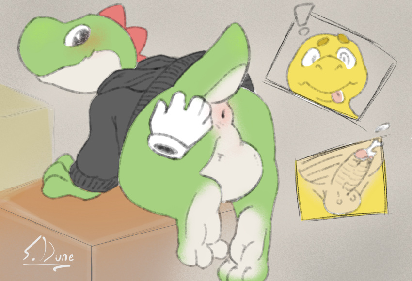 ! all_fours anthro anus ass ass_grab ball_size_difference balls big_balls blush bodily_fluids breadbeast_(artist) clothed clothing dinosaur disembodied_hand duo erection eye_contact foot_focus gay genital_fluids genitals hand_on_butt hi_res koopa koopa_troopa leaking_precum looking_at_another looking_back male male/male male_only mario_(series) nintendo partially_clothed paws penis pleasured_face precum presenting presenting_anus presenting_balls presenting_hindquarters puffy_anus reptile scalie shocked_expression smile sweater tongue tongue_out topwear turtle video_games yoshi