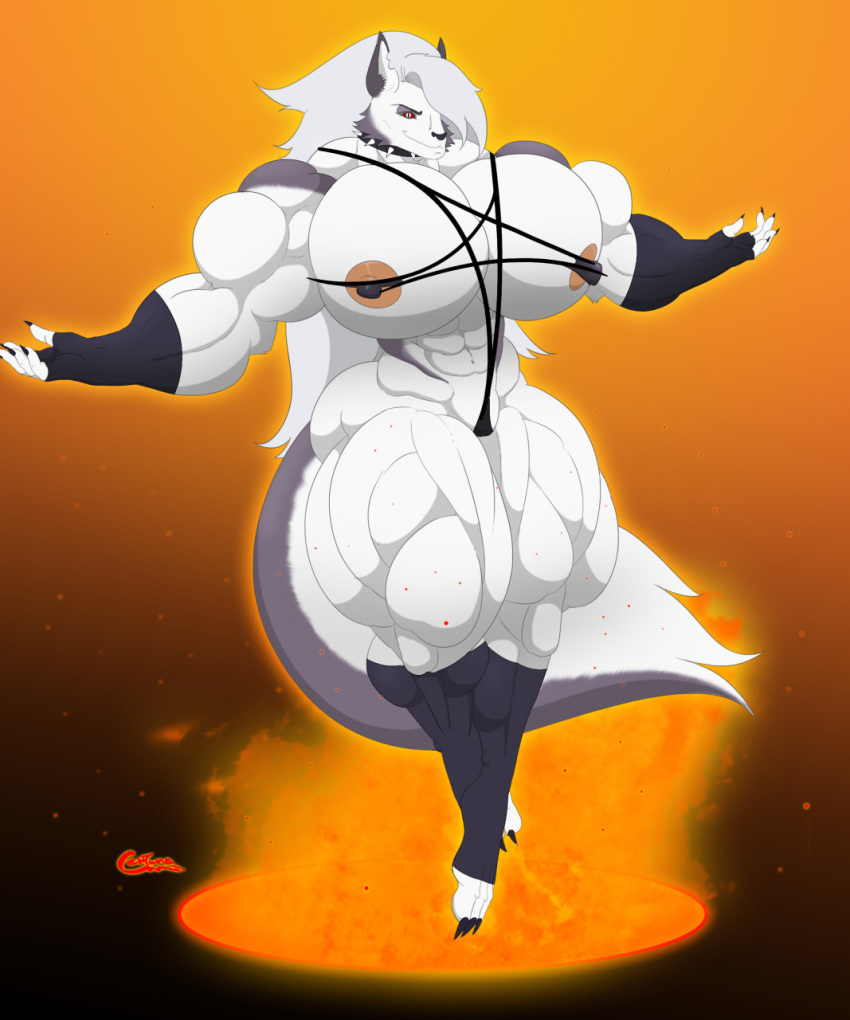 1girls abs anthro black_fur black_nose bodybuilder centaurus demon eyelashes female fingers furry grey_fur hair helluva_boss hyper_muscles looking_at_viewer looking_down loona_(helluva_boss) muscular muscular_female nipples red_sclera smile vivienne_medrano white_eyes white_fur white_hair