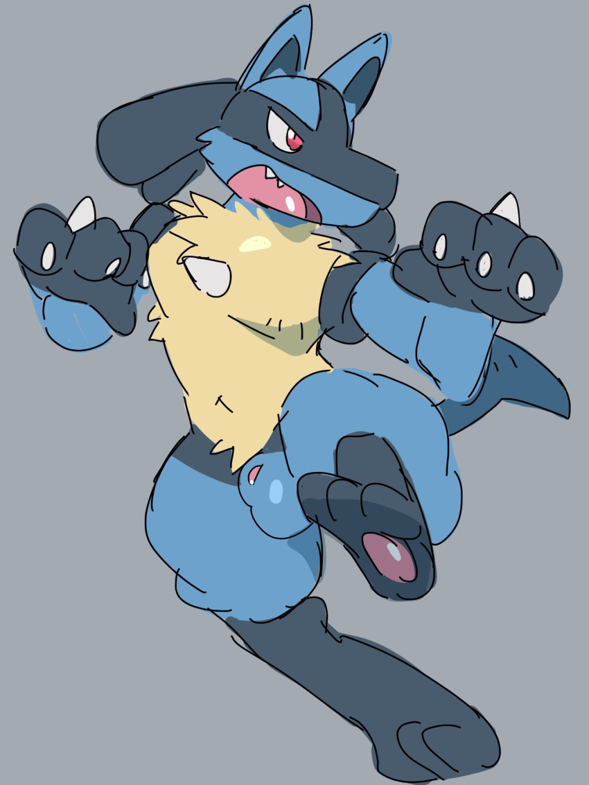 3:4 animal_genitalia anthro balls blue_body fully_sheathed genitals grey_background hi_res loneliestbara lucario male male_only nintendo pokemon pokemon_(species) sheath simple_background solo video_games