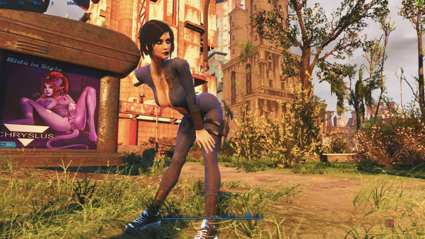 1boy 1girls 3d advertisement bethesda_softworks black_hair black_lipstick bodysuit fallout fallout_(series) fallout_4 glowing_eyes leaning_forward mod nipples outdoors pussy short_hair tagme vault_girl vault_meat vault_suit