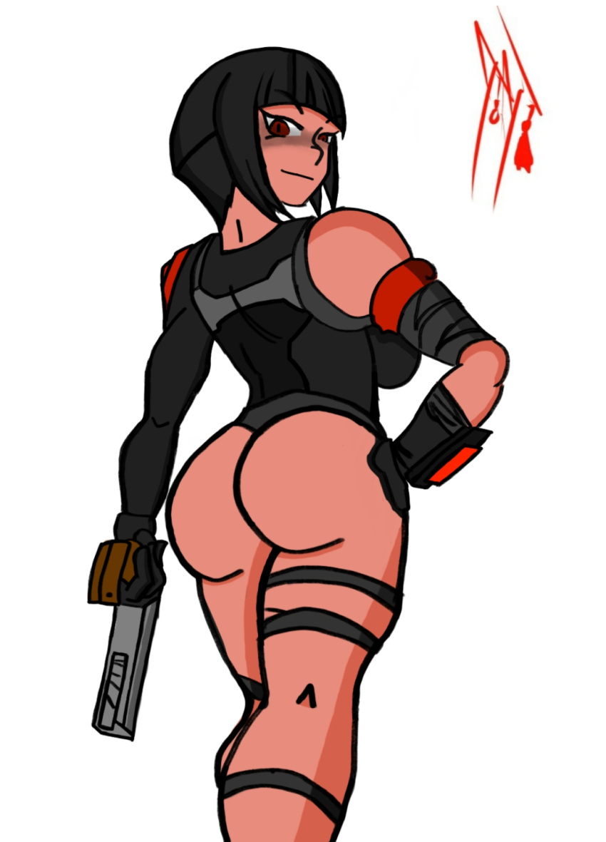 artist_request behind_view big_ass big_breasts black_hair female female_only fortnite gun looking_at_viewer red_eyes shadow_ops smiling smiling_at_viewer solo tagme weapon