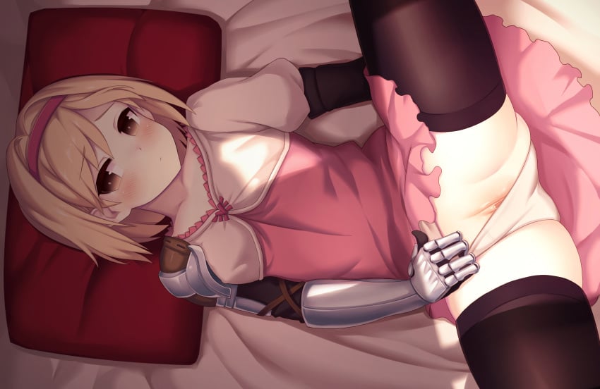 1girls blonde_hair brown_eyes clothing djeeta_(granblue_fantasy) female granblue_fantasy hair panties panties_aside panty_pull pussy pussy_peek shaved_pussy short_hair small_breasts solo spread_legs uncensored zen33n zen_o_(zen33n)