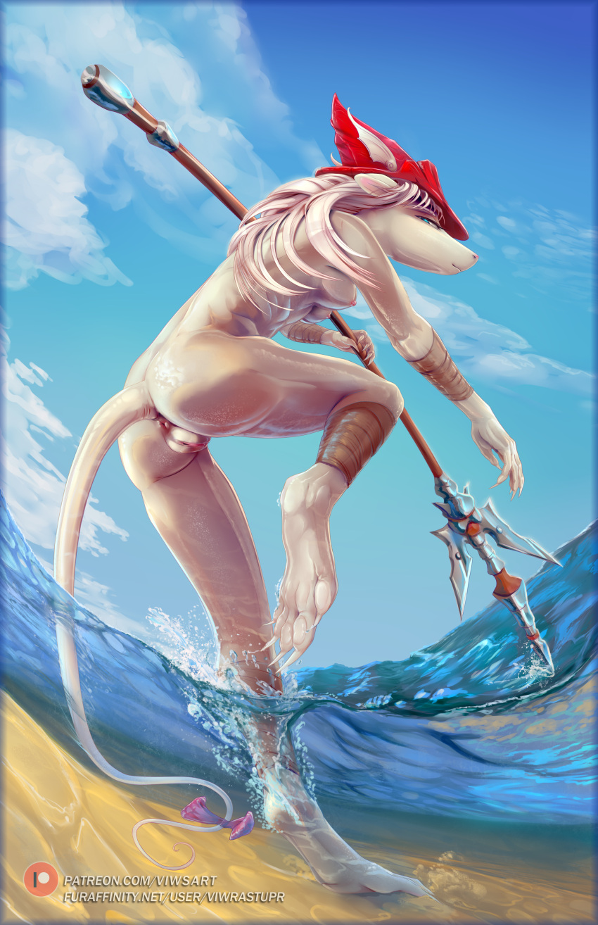 2021 absurd_res anthro anus breasts burmecian clothing cloud detailed_background digital_media_(artwork) female final_fantasy final_fantasy_ix freya_crescent genitals hair hat headgear headwear hi_res long_hair mammal nipples nude pussy rodent sea sky solo square_enix video_games viwrastupr water