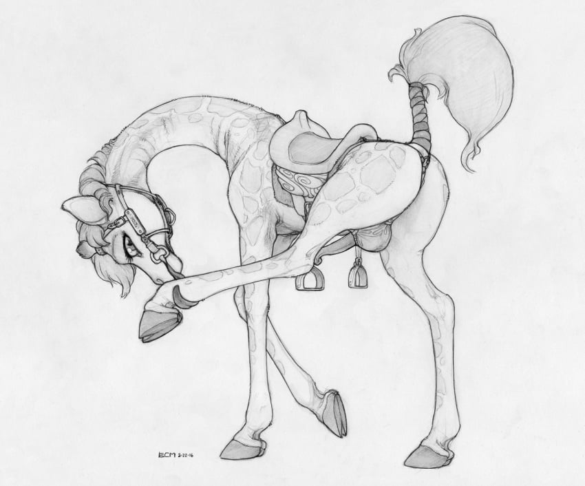 anus ass balls bridle bulge clothing cloven_hooves ecmajor erection feral genitals giraffe giraffid hooves licking long_tongue male mammal monochrome penis raised_tail saddle self_lick solo tail_wraps thong tongue tongue_out underwear wraps