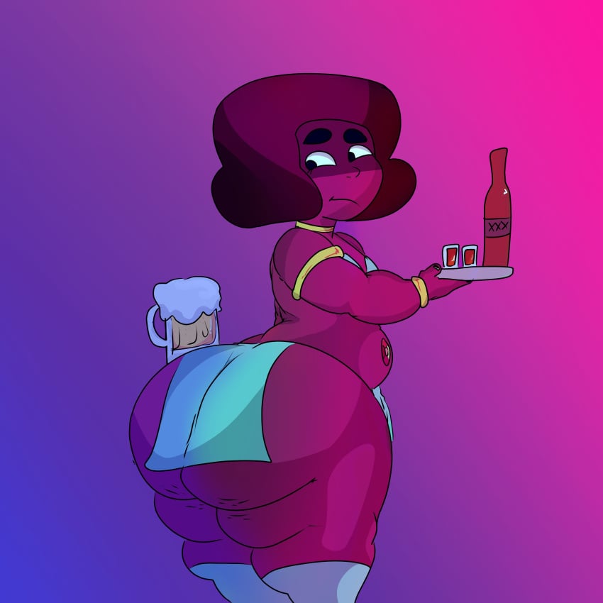 afro ass bbw bottle bottom_heavy bra cellulite cl0wn_meat drink female flat_chest gem_(species) large_ass mug ruby_(steven_universe) steven_universe stomach thighhighs thong waitress