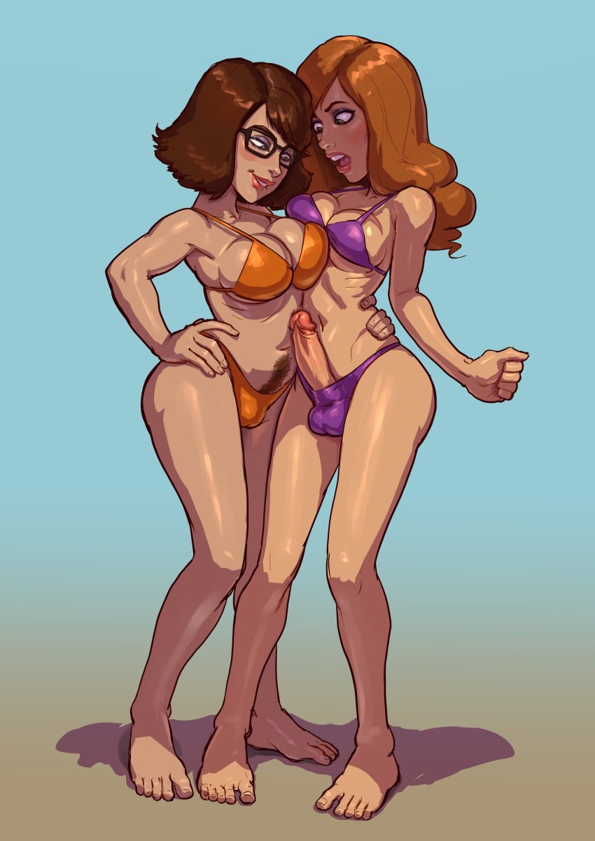 1futa 1girls ball_bulge balls balls_in_panties balls_under_clothes big_breasts bikini bob_cut breasts brunette cleavage daphne_blake dickgirl duo erection female futanari glasses hair human intersex landing_strip large_breasts linda_cardellini mostly_nude nerd pale_skin panties panty_bulge pears_(artist) penis penis_out pubic_hair redhead sarah_michelle_gellar scooby-doo standing stomach_hair testicle_bulge velma_dinkley velma_dinkley_(linda_cardellini)