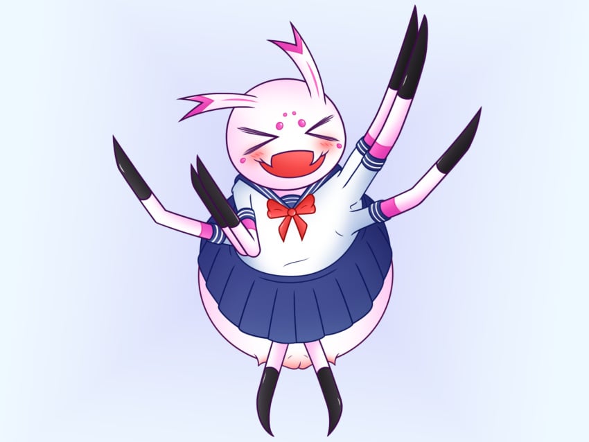 4:3 arachnid arthropod arthropod_abdomen arthropod_abdomen_genitalia arthropod_abdomen_pussy baku blush clothed clothing excited female feral genitals happy hi_res kumo_desu_ga_nani_ka? kumoko pussy school_uniform simple_background so_i'm_a_spider_so_what? solo spider taratect uniform white_body