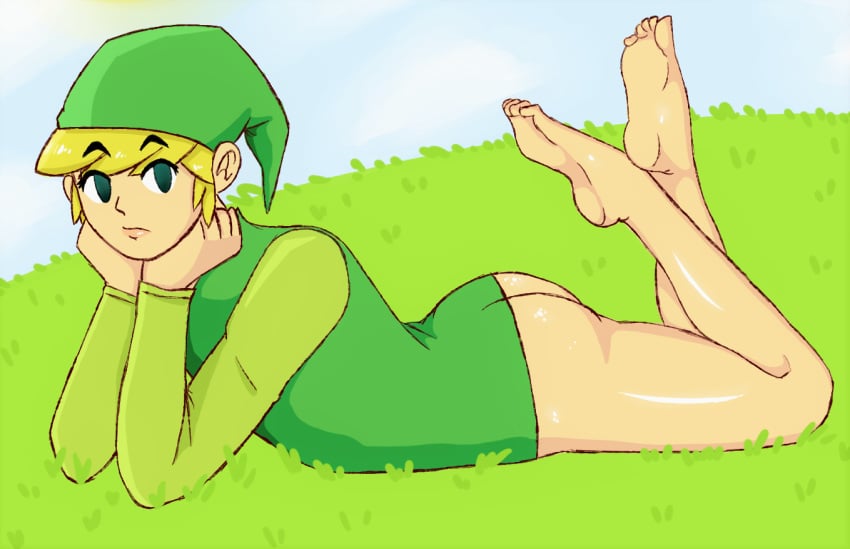 1boy ass bare_ass blonde_hair boy elf feet femboy gay girly grass green_clothing green_eyes hands_on_cheeks hat krendel laying_on_stomach link long_sleeves male male_only nintendo no_pants outside partially_clothed shiny_skin solo the_legend_of_zelda the_wind_waker toes toon_link trap vest video_games wind_waker