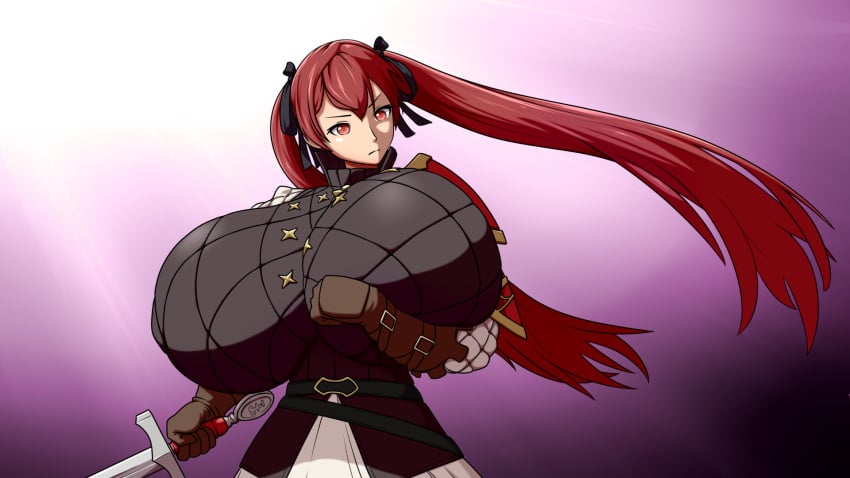 1girls alternate_breast_size big_breasts breasts female fire_emblem fire_emblem_fates gloves holding_breast huge_breasts large_breasts logo nintendo red_eyes red_hair selena_(fire_emblem_fates) severa_(fire_emblem) sword tagme tight_clothing twintails ydbunny