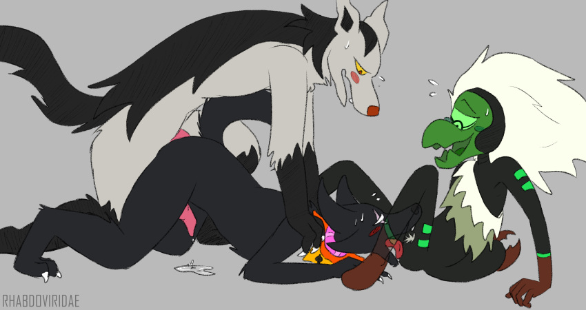 1girls 2boys absurd_res anal anal_sex animal_genitalia animal_penis anthro bec_noir black_body black_fur blush bodily_fluids canine_penis cartoon_network centipeetle clothing conditional_dnp cunnilingus fur gay genital_fluids genitals green_eyes green_skin grey_background grey_fur group hair hi_res homestuck humanoid male male/male mightyena ms_paint_adventures nephrite_(steven_universe) nintendo open_mouth oral penis pokémon_(species) pokemon precum pubic_hair ripped_clothing scar short_hair steven_universe straight sweat threesome video_games webcomic white_eyes white_hair wolftacos yellow_eyes