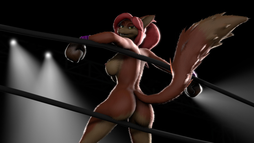 16:9 2019 3d_(artwork) 4k absurd_res anthro ass boxing_gloves breasts canid canine clothing digital_media_(artwork) female fighting_ring fox fur furniture hair handwear hi_res looking_at_viewer mammal multicolored_body multicolored_fur multicolored_tail nude orange_body orange_fur pink_hair silvarion silvarus smile solo tan_body tan_fur vivienne widescreen yellow_eyes