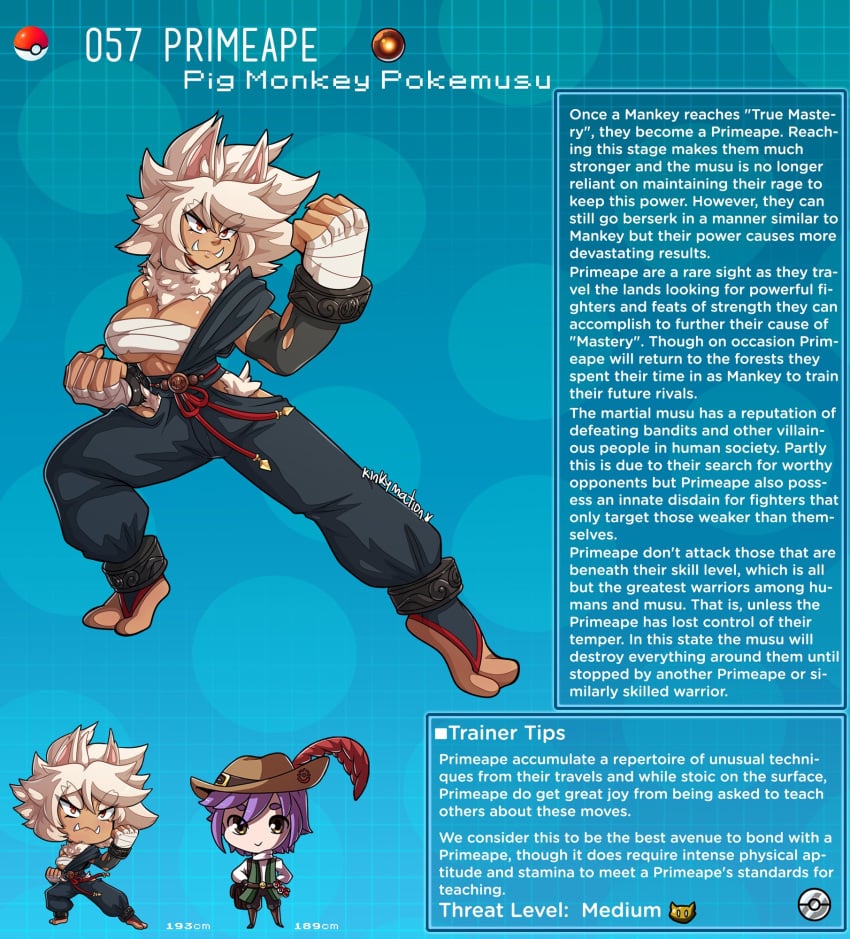 creature_index english_text highres kinkymation martial_arts_uniform muscular_female nintendo page_57 page_number pokémon_(species) pokemon pokemon-girl_encyclopedia pokemon_rgby pokemorph pokemusu primeape profile sarashi sharp_teeth text text_box