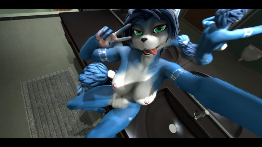 16:9 2020 3d 3d_(artwork) anthro bathroom black_bars blue_body blue_fur blue_hair breasts canid canine digital_media_(artwork) female fox fur genitals gesture green_eyes hair handpaw hi_res krystal krystal_appreciation_month letterbox mammal mirror multicolored_body multicolored_fur multicolored_tail nintendo nude paws pussy selfie silvarion silvarus sink solo star_fox tailband tattoo tongue tongue_out v_sign video_games white_body white_fur widescreen