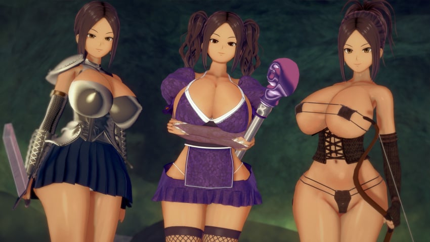 3d 3d_(artwork) 3girls alternate_costume armor armwear big_breasts bow brown_eyes brown_hair cave cleavage corset curly_hair curvaceous curvy erect_nipples fantasy female_focus female_only fighting_stance fishnet_stockings heroine huge_breasts knight koikatsu large_breasts leather looking_at_viewer mage magic_wand multiple_girls nipples_visible_through_clothing patreon pinup ponytail revealing_clothes runa_(takeo92) simple_background skirt smile smug sword takeo92 thick_thighs twintails wide_hips