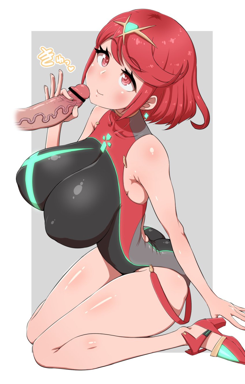 1boy bare_shoulders bob_cut breasts censored earrings female handjob high_heels highres jewelry large_breasts looking_up nintendo one-piece_swimsuit penis pyra red_eyes red_hair seiza sitting smile solo_focus straight swimsuit torathi xenoblade_(series) xenoblade_chronicles_2