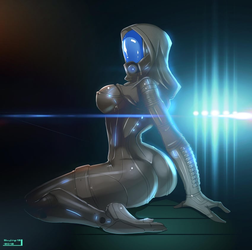 alien_girl ass bodysuit breasts hood legs_spread looking_at_viewer mask mass_effect pinup pinup_pose quarian skintight_bodysuit skyline19 teqa thick_ass thick_thighs