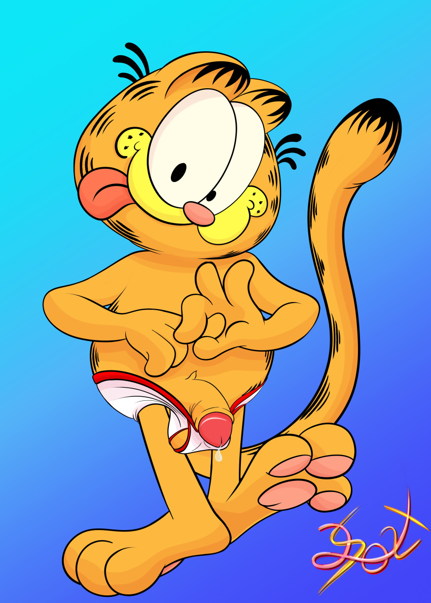 absurd_res anthro clothing domestic_cat felid feline felis garfield_(series) garfield_the_cat genitals hi_res lobofeo male mammal nude overweight paws,_inc. penile_spines penis solo tongs tools underwear viacom