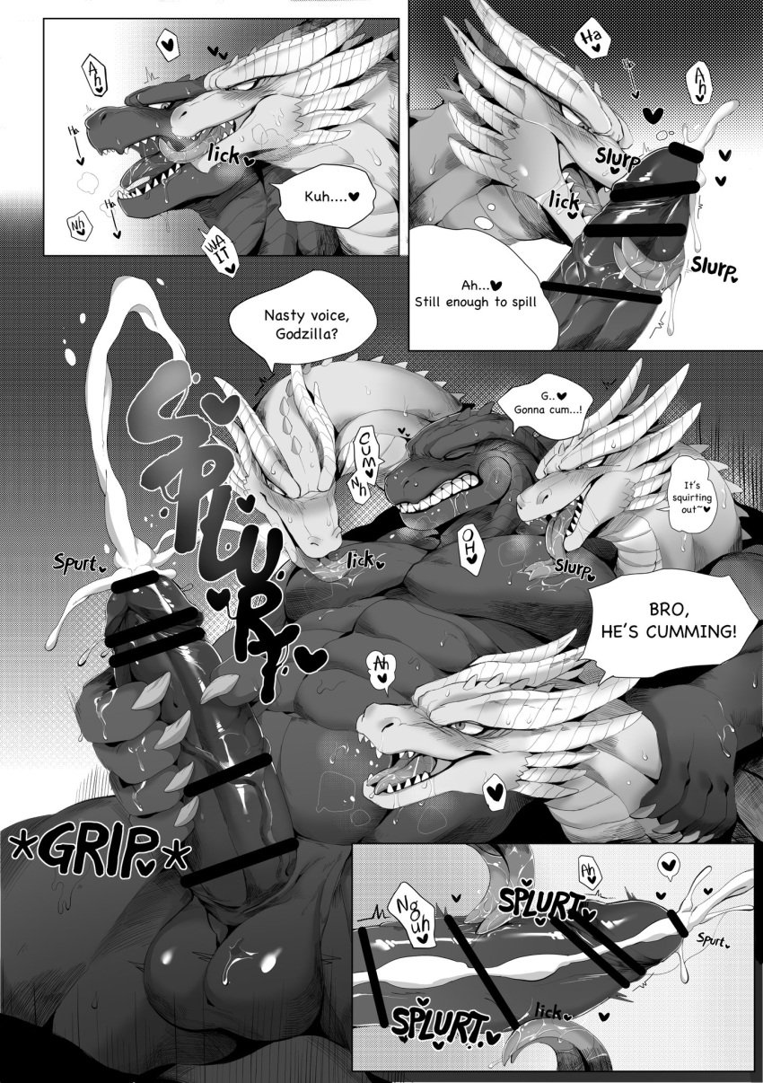 abs anthro biceps bodily_fluids censored closed_eyes comic cum dialogue dirty_talk disiwjd dragon duo english_text genital_fluids genitals godzilla godzilla_(series) heart hi_res humanoid_genitalia humanoid_penis kaiju king_ghidorah licking licking_body male male/male male_only monochrome muscular muscular_anthro muscular_male nipple_fetish nipple_lick nipple_play nipples oral pecs penile penis penis_lick saliva scalie sex submissive submissive_male teeth text toho tongue tongue_out