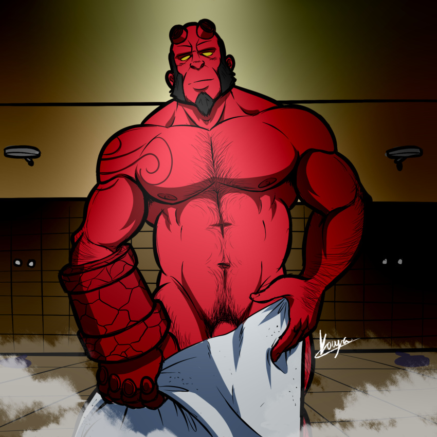 balls bara black_hair broken_horn bulge chest_hair dark_horse demon facial_hair flaccid hellboy hellboy_(series) horns k0uya male male_only muscles muscular penis red_body red_skin solo solo_male tail towel towel_only