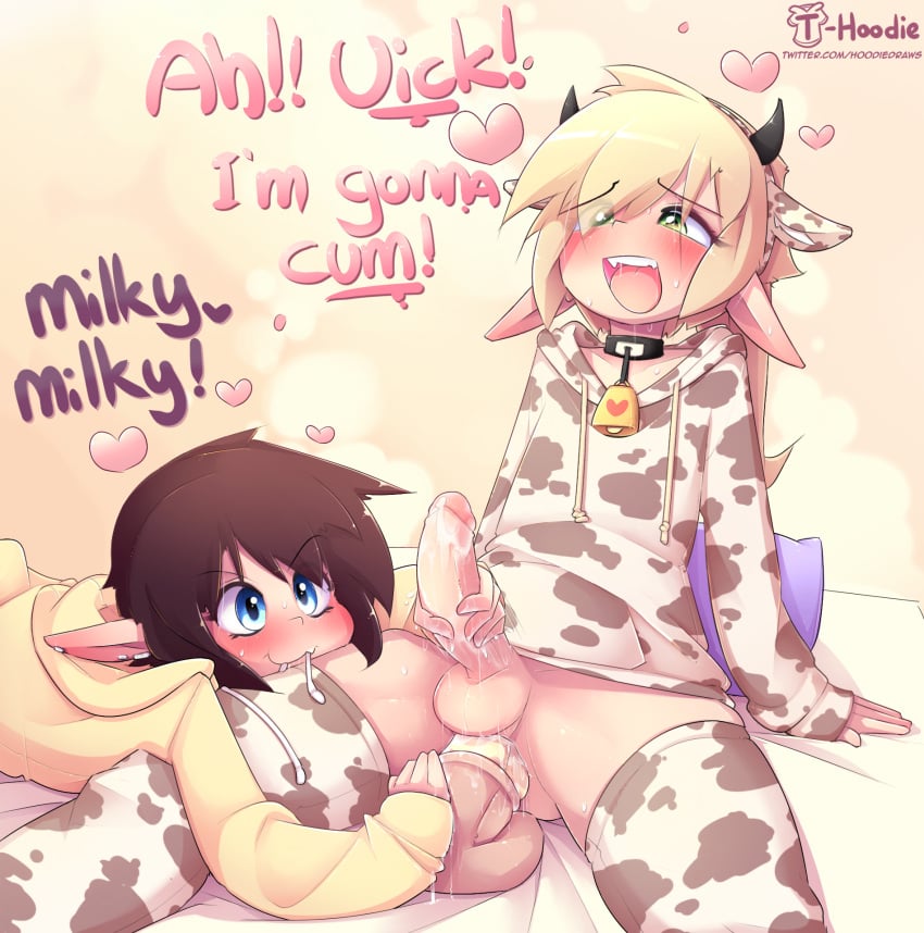 5_fingers :3 about_to_cum anal anal_sex animal_dildo animal_print animal_sex_toy arm_support artist_name ass balls bell bell_collar black_horn blonde_hair blue_eyes blush bodily_fluids bottomless brown_hair clothed clothing collar cosplay cow_print cowbell cowlick cum cum_announcement cum_on_clothing cum_string cute_face dialogue dildo dildo_in_ass dildo_penetration duo ear_piercing elf english_text equine_dildo erection eyebrow_through_hair eyebrows eyelashes fake_animal_ears femboy fingers genital_fluids genitals girly green_eyes hair handjob heart hi_res hoodie hoodie_(artist) horn humanoid humanoid_genitalia humanoid_penis humanoid_pointy_ears inner_ear_fluff legwear long_ears long_hair looking_at_genitalia looking_at_penis lying male male/ambiguous max_(hoodie) mouth_hold not_furry object_in_mouth on_front open_mouth original penetration penile penis penis_awe piercing pillow sex sex_toy sex_toy_in_ass sex_toy_penetration shadow short_hair simple_background sitting spread_legs spreading sweat tan_background teeth text thigh_highs thighhighs tongue topwear translucent translucent_hair tuft url vick_(hoodie) watermark white_body white_skin