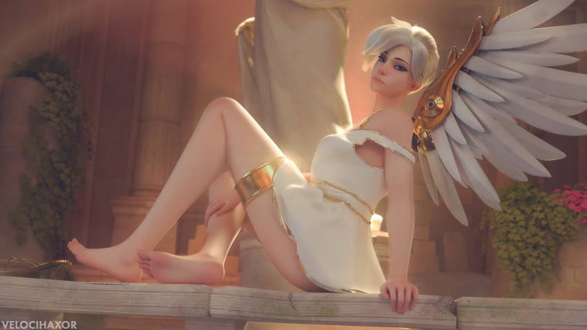 1girls 3d alternate_costume barefoot blizzard_entertainment dress feet highres looking_at_viewer mercy no_panties overwatch pose posing sandals sandals_removed shoes sitting solo statue velocihaxor winged_victory_mercy wings