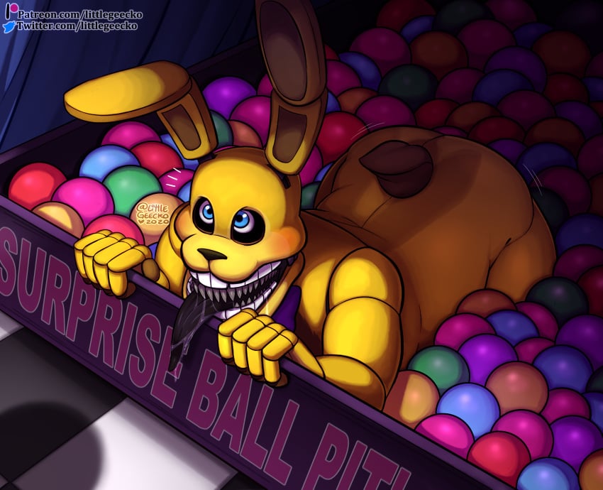 1boy 1male animatronic anthro ass ball_pit blue_eyes blush bodily_fluids bow_tie bunny bunny_ears butt cute drooling fazbear_frights five_nights_at_freddy's five_nights_at_freddy's:_fazbear_frights furry hi_res humanoid into_the_pit lagomorph leporid littlegeecko long_ears long_tongue looking_at_another looking_up machine male_anthro male_only mammal monster offscreen_character pit_spring_bonnie_(fnafitp) rabbit robot saliva scut_tail solo solo_focus spring_bonnie spring_bonnie_(fnaf) submissive_male surprised tongue video_games watermark wiggle yellow_body