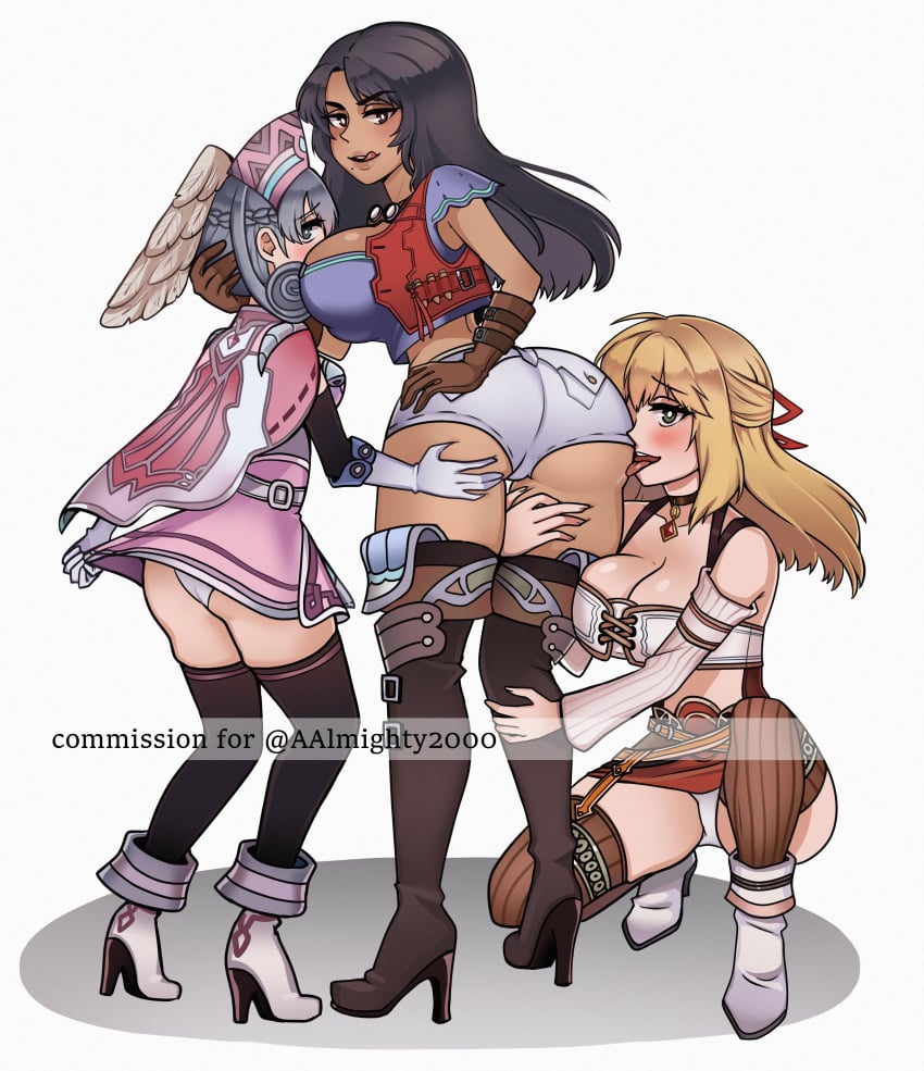 3girls blonde_hair brown_hair clothed femdom fiora_(xenoblade) heels high_heels licking_ass licking_lips long_hair melia_antiqua nintendo sharla_(xenoblade) shigi_93 xenoblade_(series) xenoblade_chronicles yuri