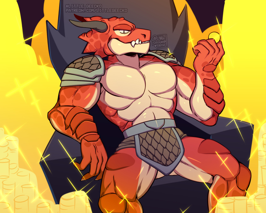 1boy 2020 4_fingers abs anthro armor ass barazoku biceps bottomwear brawlhalla chair claws clothed clothing coin dragon fangs fingers fire furniture hi_res horn littlegeecko loincloth looking_at_viewer male male_only manly money mostly_nude multicolored_body multicolored_skin muscular pecs pupils ragnir_(brawlhalla) red_body red_skin scalie sharp_claws sharp_teeth shorts shoulder_guards sitting slit_pupils smile solo spread_legs spreading tan_body tan_skin teeth thick_thighs throne topless topless_male triceps video_games watermark