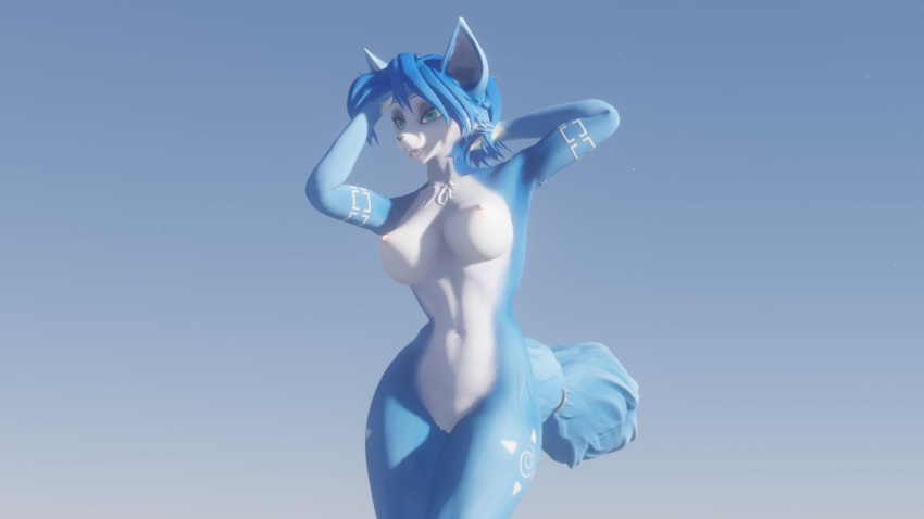 16:9 2020 3d 3d_(artwork) anthro blue_background blue_body blue_fur blue_hair breasts canid canine digital_media_(artwork) female fox fur furniture genitals green_eyes hair hands_behind_head hi_res krystal mammal multicolored_body multicolored_fur multicolored_tail nintendo nude pussy seductive silvarion silvarus simple_background solo star_fox tailband tattoo video_games white_body white_fur widescreen